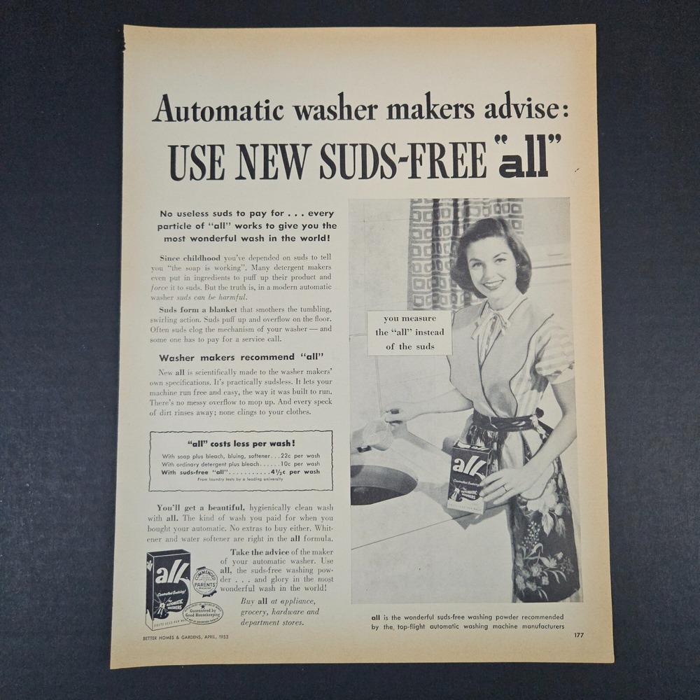 1953 Suds-Free All Vintage‎ Print Ad Happy Wife Laundry Detergent Cost Survey